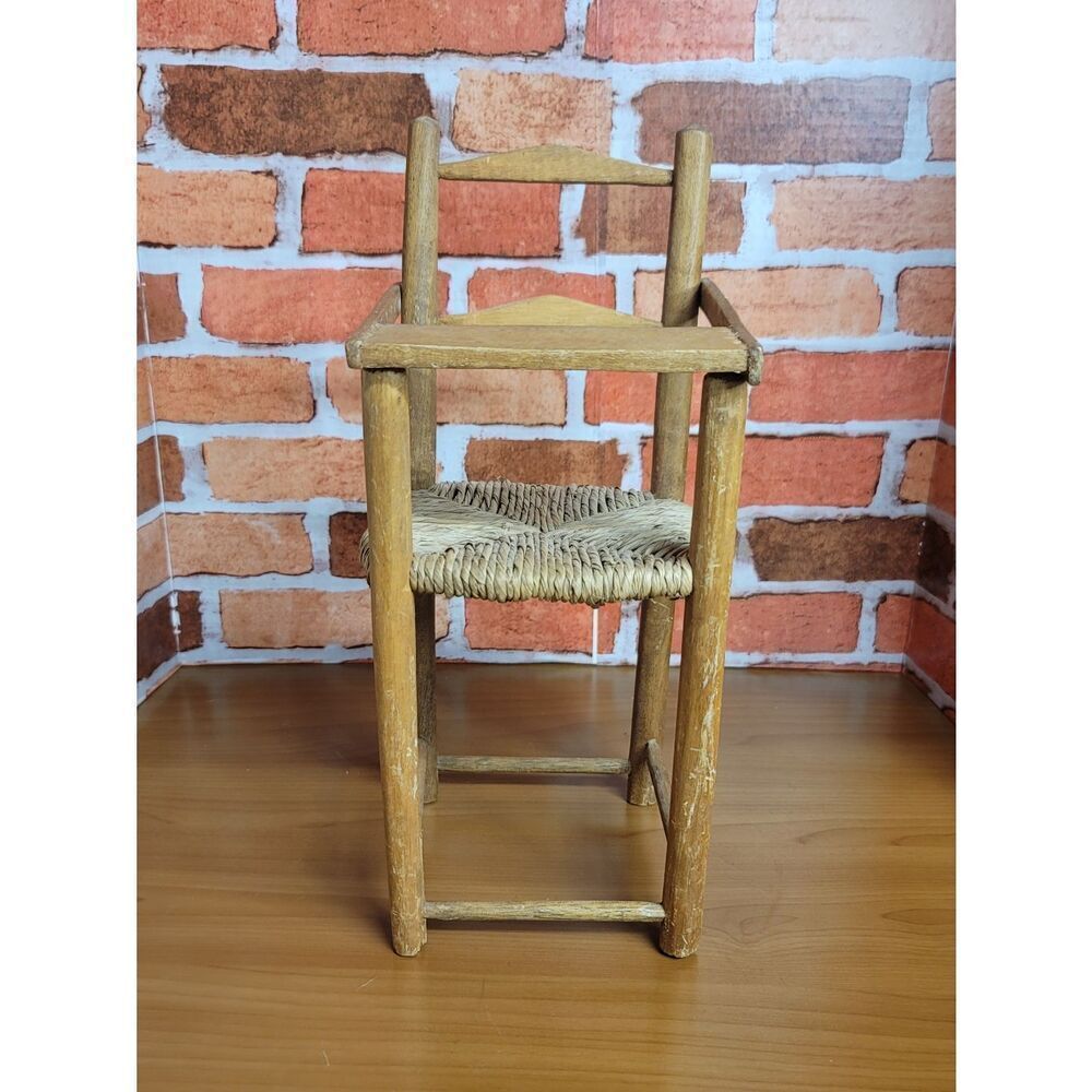 Vintage Handmade 13" Solid Oak Doll High Chair Woven Rush Seat Rustic Primitive
